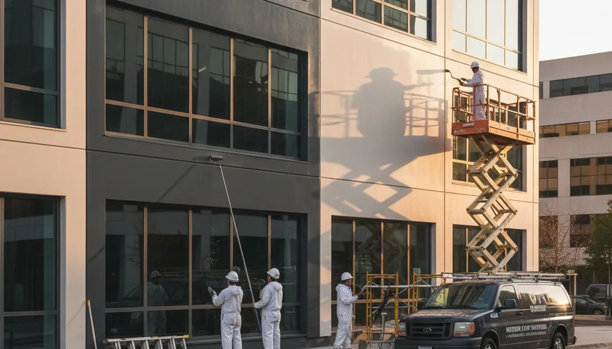 Professional commercial painters working on office exterior in San Jose, CA