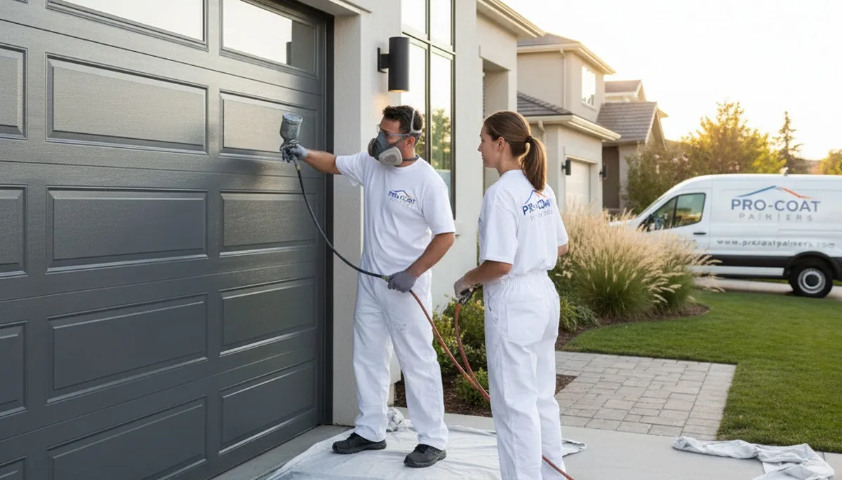 Professional painters refinishing a garage door in San Jose, CA for expert curb appeal restoration