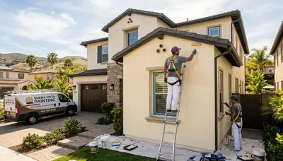 Professional house painter in San Jose CA applying fresh exterior paint to suburban home