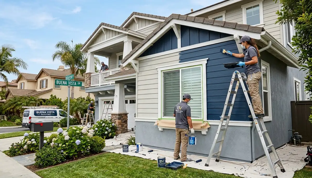 Professional house painters working on exterior home in San Jose, CA