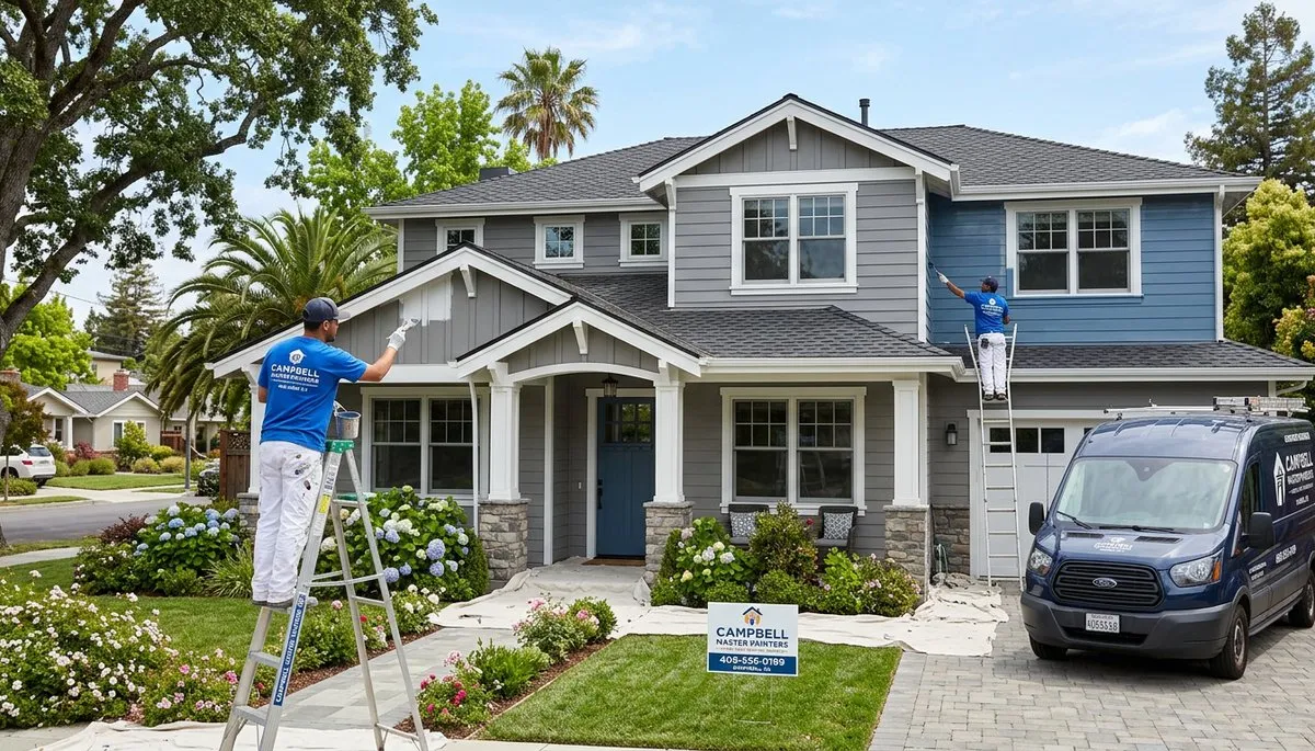 Professional house painter restoring home exterior in San Jose, CA