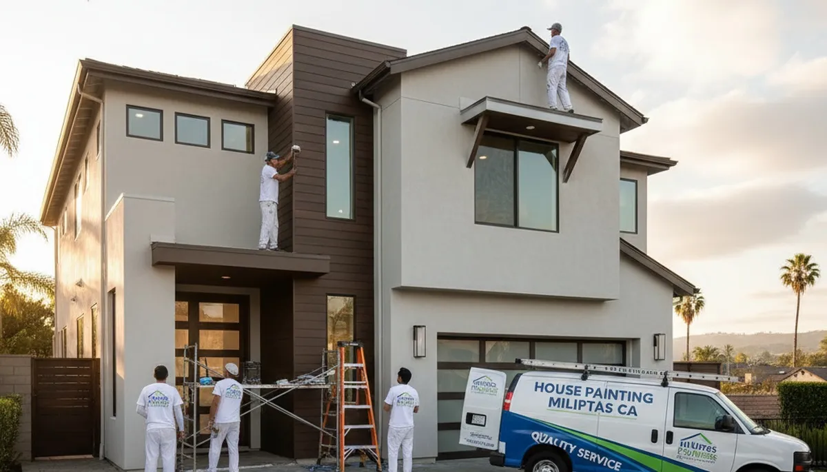Professional house painters in San Jose CA applying exterior paint to a modern home façade