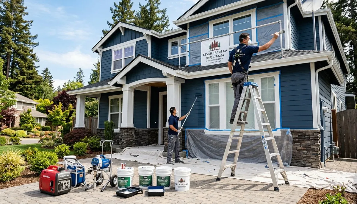 Professional house painters working on residential exterior in San Jose, CA
