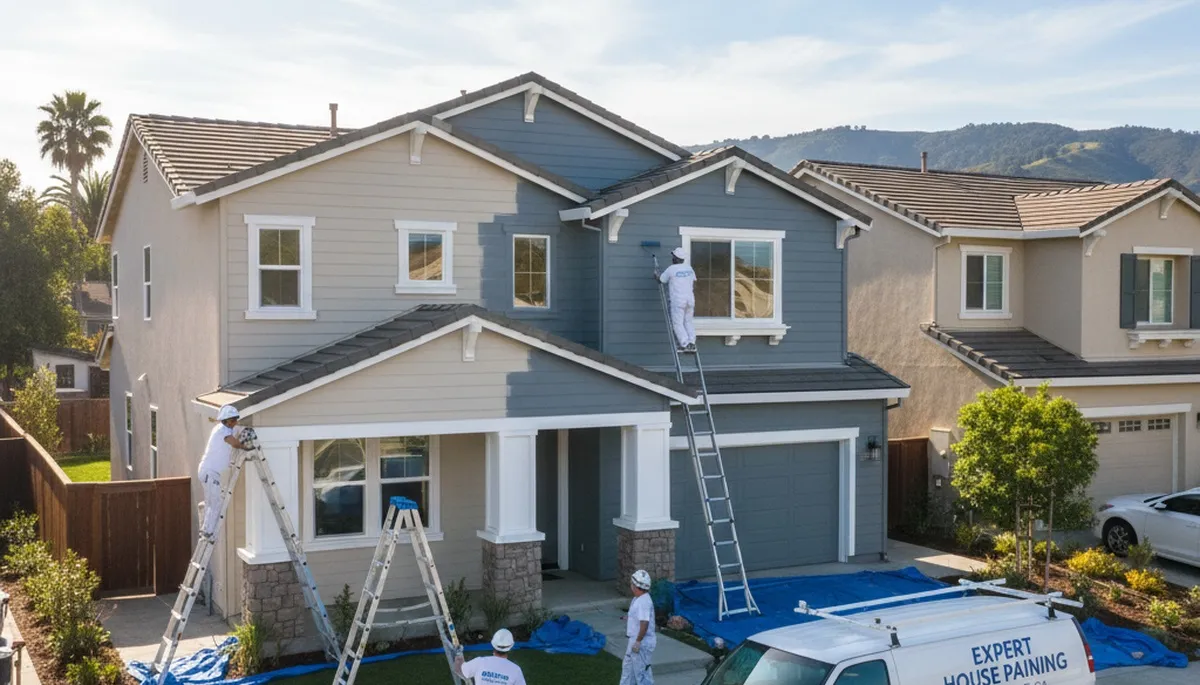 Professional house painters working on exterior home in San Jose, CA