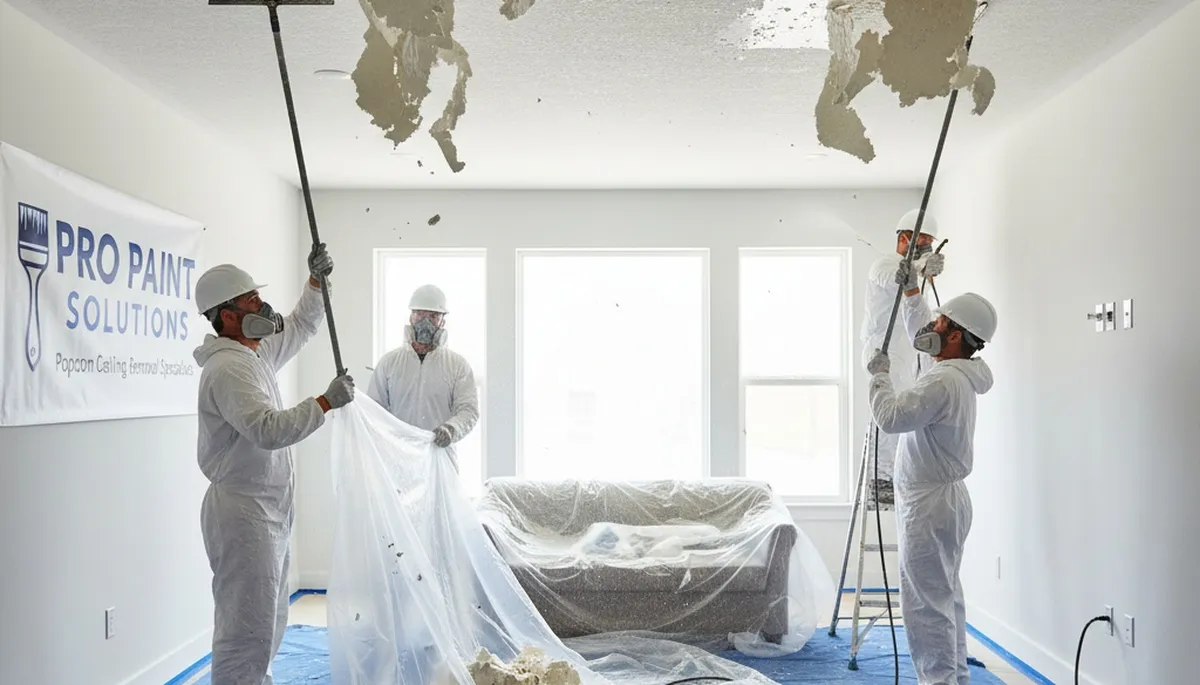 Technician removing popcorn ceiling in San Jose CA home for smooth modern finish